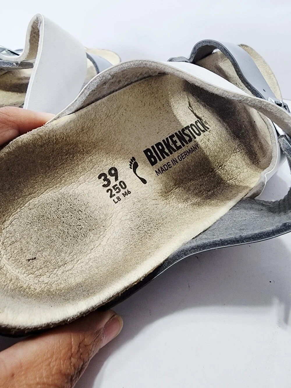 Birkenstock Arizona Two-Strap Sandal in Silver/White Size 39